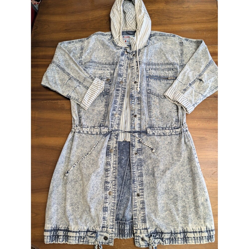 VTG 80s 90s Paris Sport Club Acid Wash Denim Parka Jacket Coat Hooded Womens S